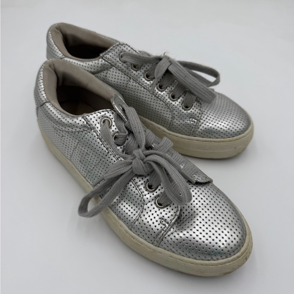 Women’s Perforated Metallic Silver Lace-Up Sneakers